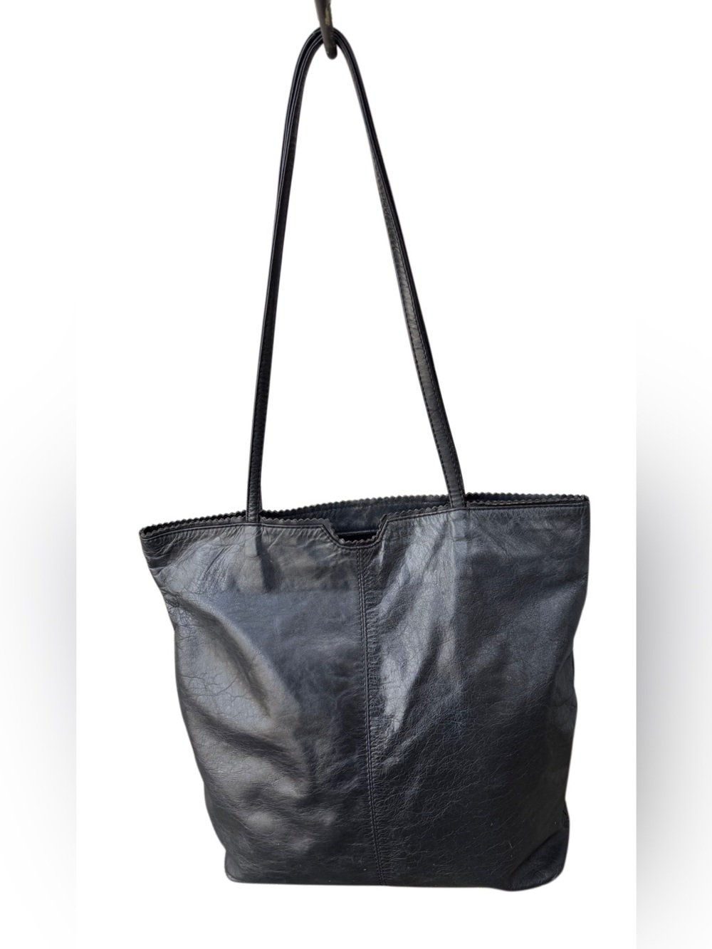 Latico Anthropologie Black Leather Shoulder Tote Bag Zigzag Trim